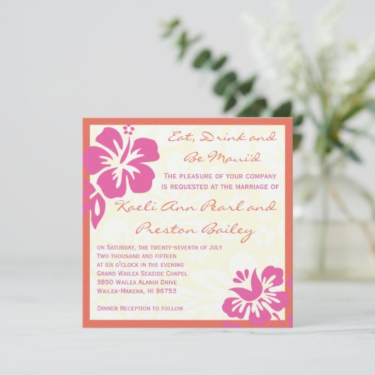 Beach Blume Rosa Orange Hochzeitsempfang Einladung (Stehend Vorderseite)