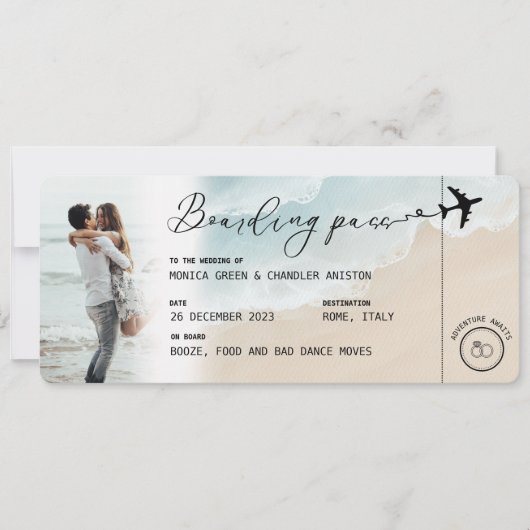 Beach Boarding Pass Hochzeit in Urlaubsort QR-Code Einladung (Vorderseite)