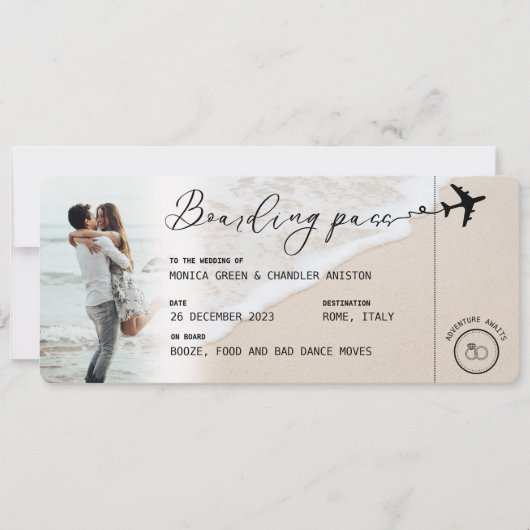 BEACH Boarding Pass Hochzeit in Urlaubsort QR-Code Einladung (Vorderseite)