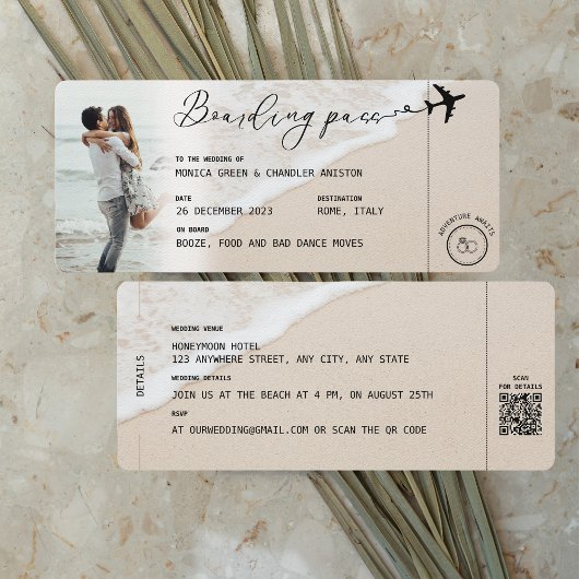 BEACH Boarding Pass Hochzeit in Urlaubsort QR-Code Einladung
