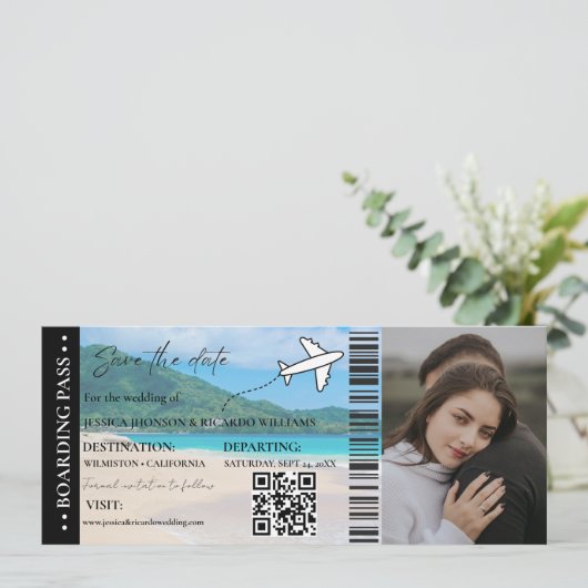 Beach Boarding Pass Hochzeit speichern Sie das Dat Einladung (Stehend Vorderseite)