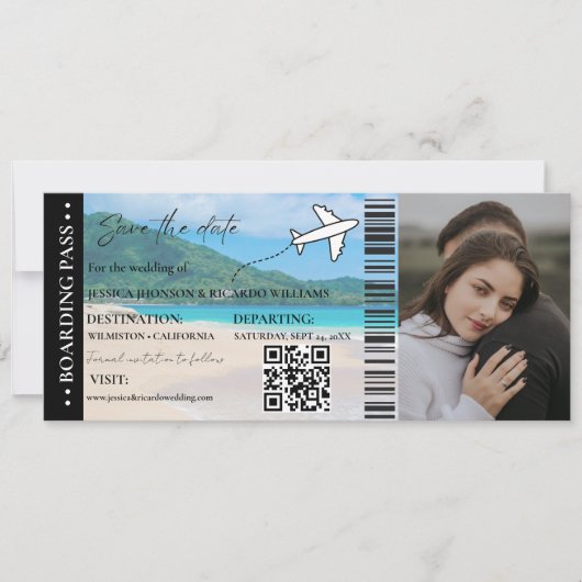 Beach Boarding Pass Hochzeit speichern Sie das Dat Einladung (Vorderseite)