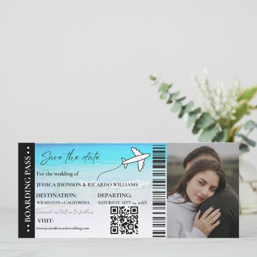 Beach Boarding Pass Hochzeit speichern Sie das Dat Einladung (Stehend Vorderseite)