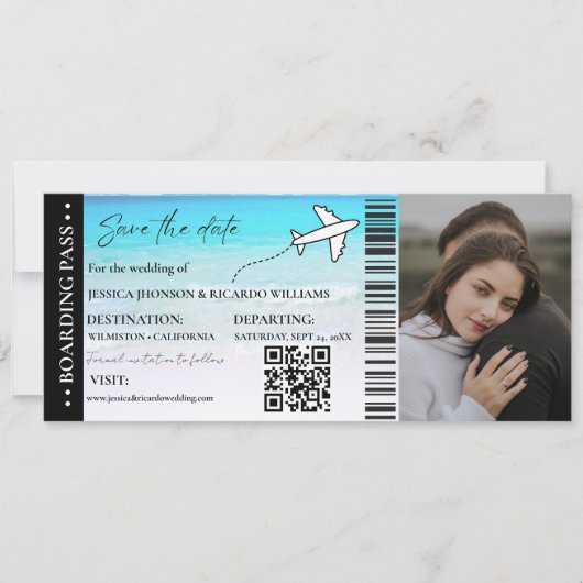 Beach Boarding Pass Hochzeit speichern Sie das Dat Einladung (Vorderseite)