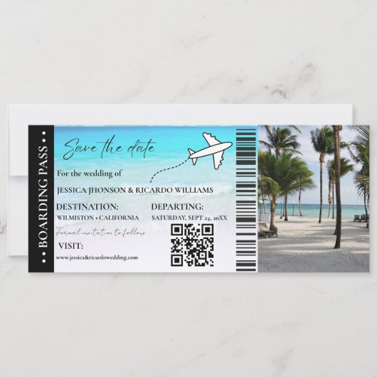 Beach Boarding Pass Hochzeit speichern Sie das Dat Einladung (Vorderseite)