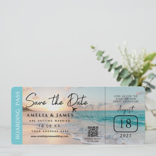 Beach Boarding Pass Save the Date Hochzeit Einladung (Stehend Vorderseite)