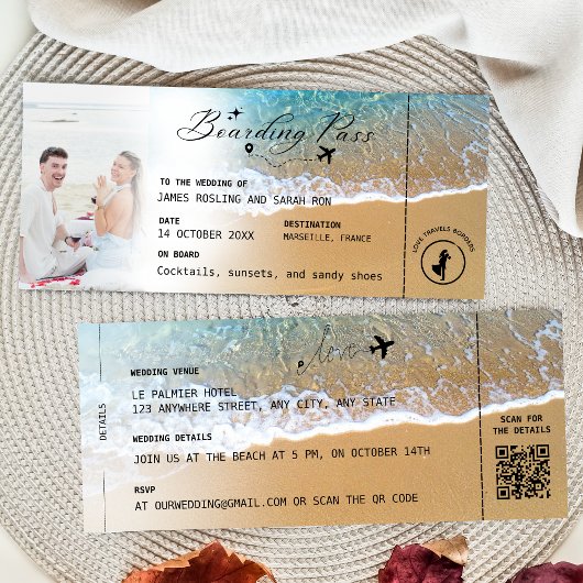 Beach Boarding Pass Wedding Destination QR code In Einladung