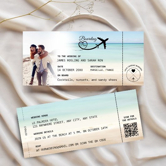 Beach Boarding Pass Wedding Invitation with QR Cod Einladung
