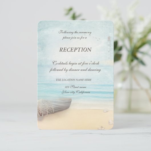 Beach Boat Lighthouse Empfang Einladung (Stehend Vorderseite)