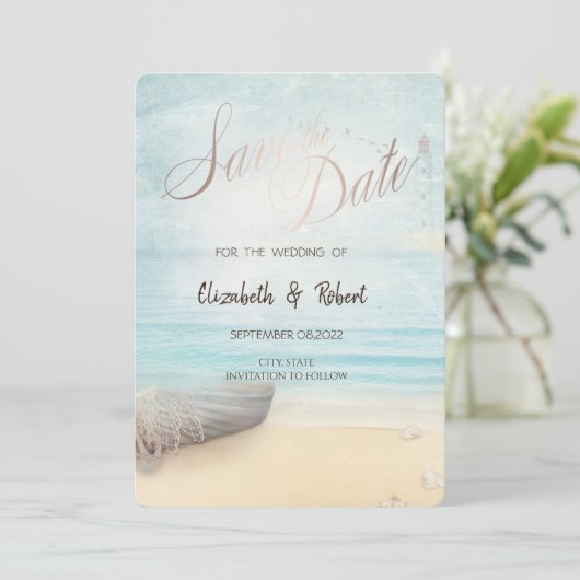 Beach Boat Lighthouse Save the Date (Stehend Vorderseite)