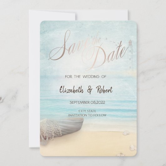 Beach Boat Lighthouse Save the Date (Vorderseite)