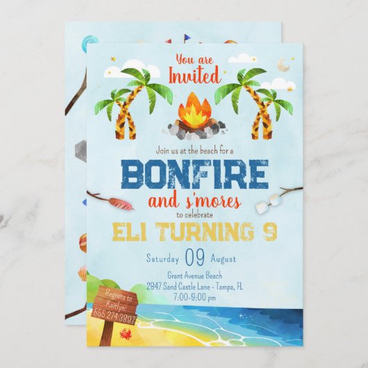 Beach Bonfire Geburtstagsparty Einladung (Vorne/Hinten)