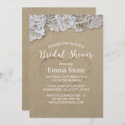 Beach Brautparty Herz in Sand Einladung (Vorne/Hinten)