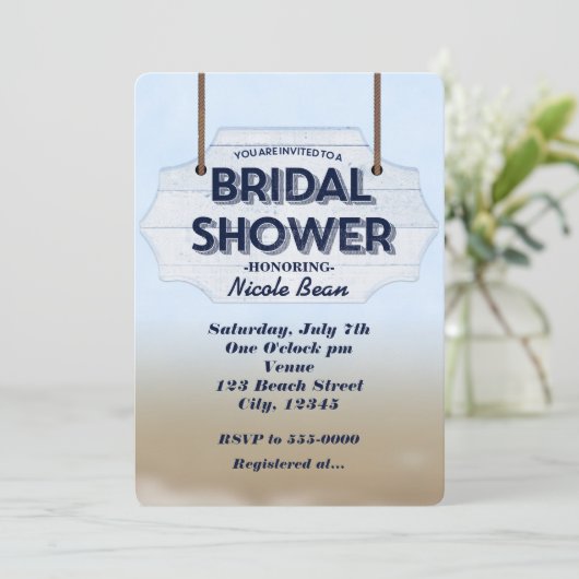 Beach Brautparty White Wood Sign Einladung (Stehend Vorderseite)