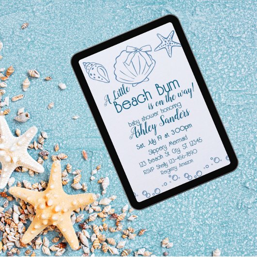 Beach Bum on the Way, Blue Seashells Baby Shower Einladung