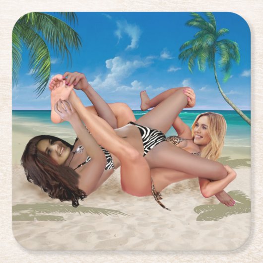 BEACH BUNNY'S TICKLE WRESTLING RECHTECKIGER PAPPUNTERSETZER (Vorderseite)