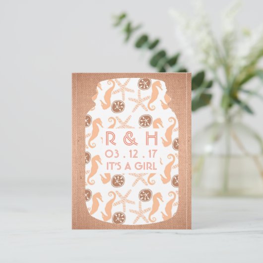 Beach Burlap Mason Jar Baby Ankündigung (Stehend Vorderseite)