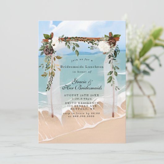 Beach Canopy Floral Bridesmaids Luncheon Einladung (Stehend Vorderseite)