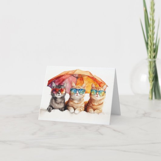 Beach Cats Kätzchen unter dem Schirm Dankeskarte (Vorderseite)