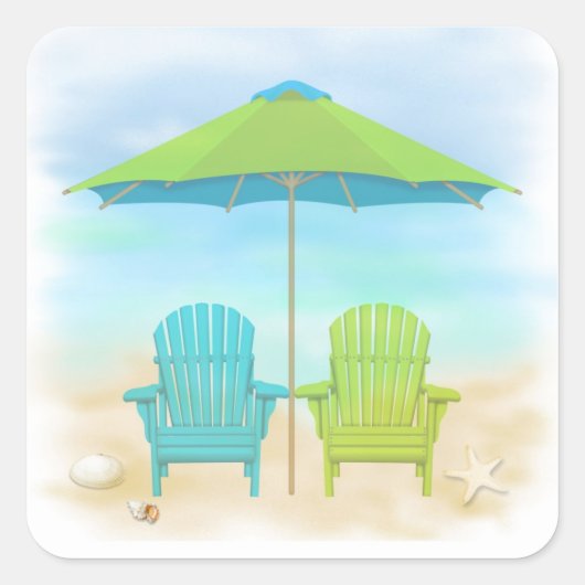Beach Chairs, Umbrella, Beach Quadratischer Aufkleber (Vorderseite)