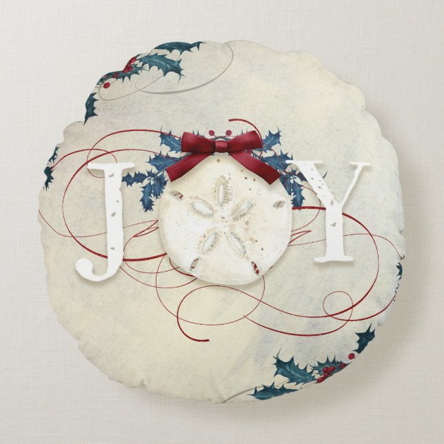 Beach Christmas Holly Sand Dollar Joy Typografie Rundes Kissen (Vorderseite)