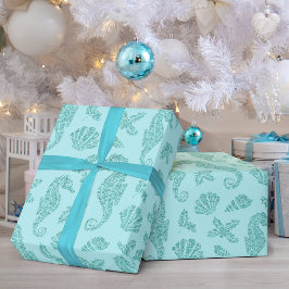 Beach Christmas Seepferd Pattern Aqua Glitzer Geschenkpapier