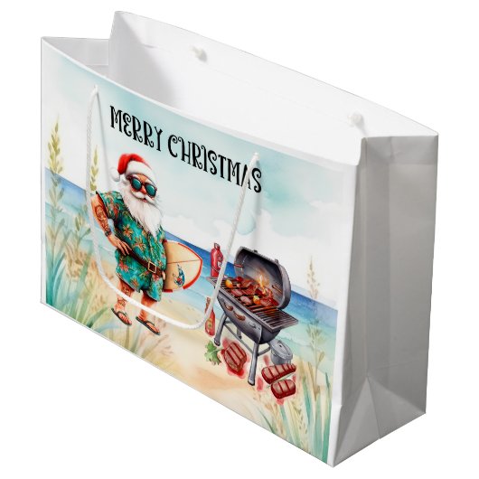 Beach Christmas with Surfer Santa Barbecue Große Geschenktüte (Vorderseite Schrägansicht)