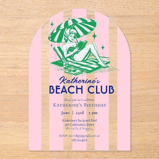 Beach Club Pink Cabana Feste Party Acryleinladungen (Vorderseite)