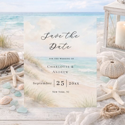 Beach coastal modern budget wedding Save the Date Flyer
