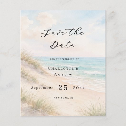 Beach coastal modern budget wedding Save the Date Flyer (Vorne)