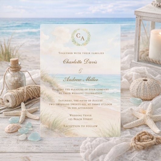 Beach coastal monogrammed wedding einladung