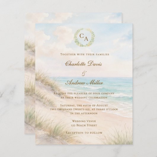 Beach coastal monogrammed wedding invitation (Vorne/Hinten)
