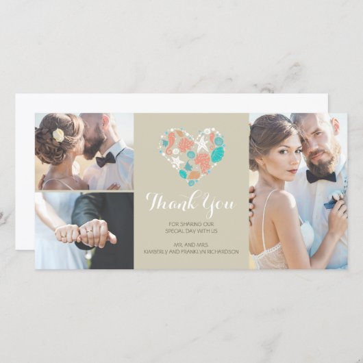 Beach Coastal Nautical Heart Wedding Vielen Dank Dankeskarte (Vorne/Hinten)