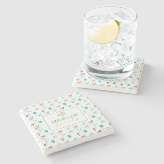 Beach Coastal Seashells Family Name Custom Steinuntersetzer (Seitenansicht)