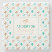 Beach Coastal Seashells Family Name Custom Steinuntersetzer (Vorderseite)