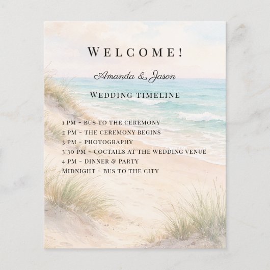 Beach coastal wedding program timeline (Vorderseite)