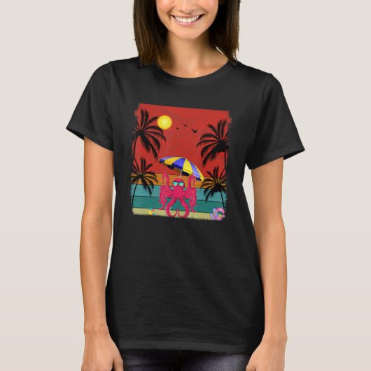 Beach Coconut Tree Retro Graphic Octopus Sommer T-Shirt (Vorderseite)