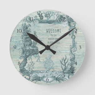 Beach Coral Coastal Ocean Life Vintage Rustic Wood Runde Wanduhr