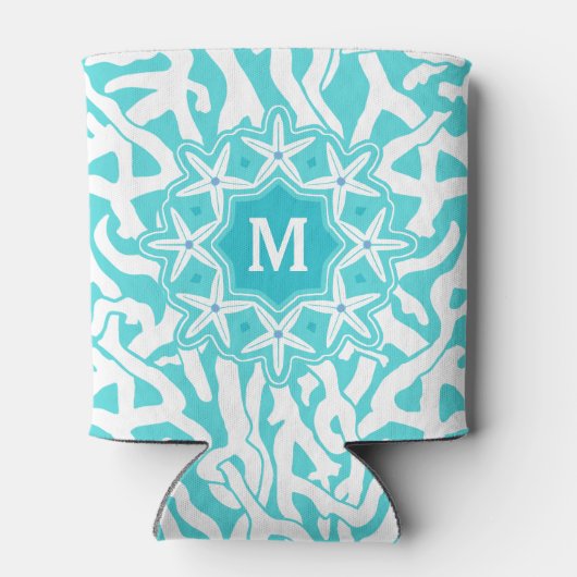 Beach Coral Reef Starfish | Aqua Blue | Monogramm Dosenkühler (Rückseite)