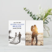Beach Couple Save the Date Einladung (Stehend Vorderseite)