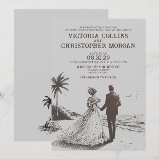 Beach Couple Wedding Einladung (Vorne/Hinten)