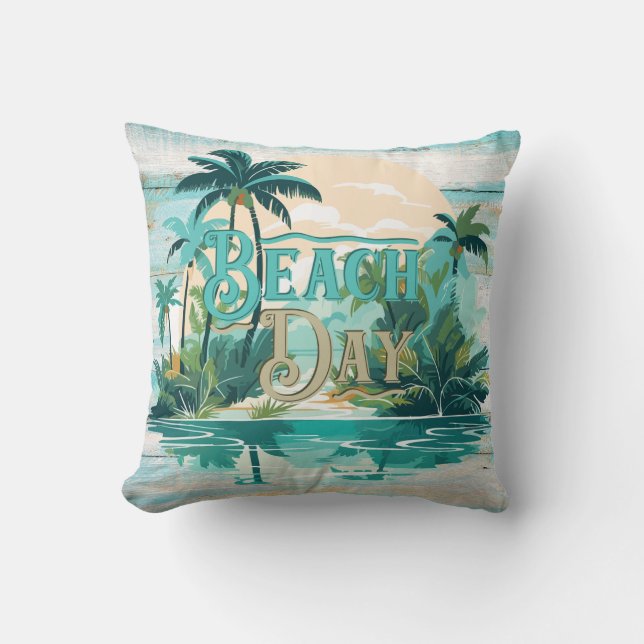 Beach Day Aquamarin Beige Palm Trees Beach Coastal Kissen (Vorderseite)