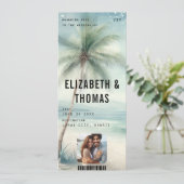 Beach Destination Modernes Aqua Palm Foto Hochzeit Einladung (Stehend Vorderseite)