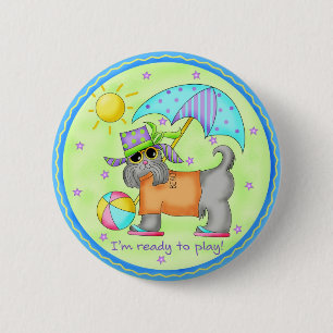 Beach Dog Whimsy Art Green Blue Button