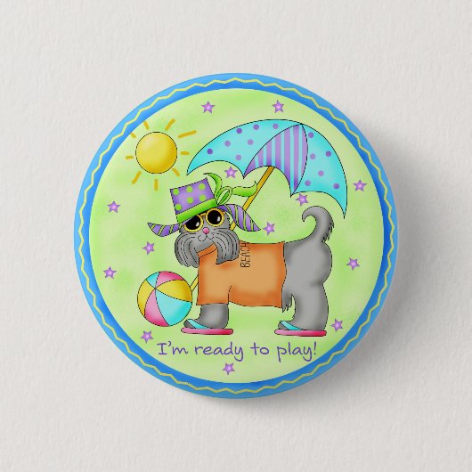 Beach Dog Whimsy Art Green Blue Button (Vorderseite)