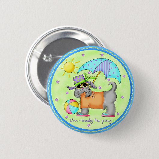 Beach Dog Whimsy Art Green Blue Button (Vorne & Hinten)