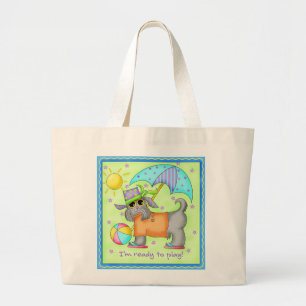 Beach Dog Whimsy Art Green Blue Jumbo Stoffbeutel