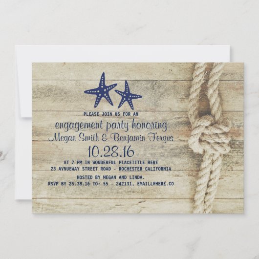 Beach Driftwood Nautic Navy Engagement Party Einladung (Vorderseite)