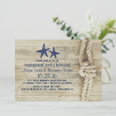 Beach Driftwood Nautic Navy Engagement Party Einladung (Stehend Vorderseite)