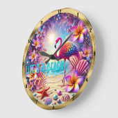 Beach Flamingo Blume Sparkle Große Wanduhr (Winkel)